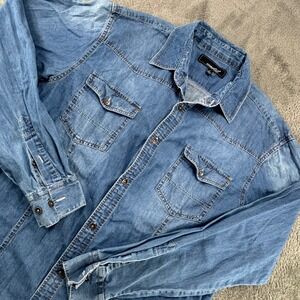 Coastal Denim Button Down Shirt Women Large Blue‎ Excellent Western Cotton L/S